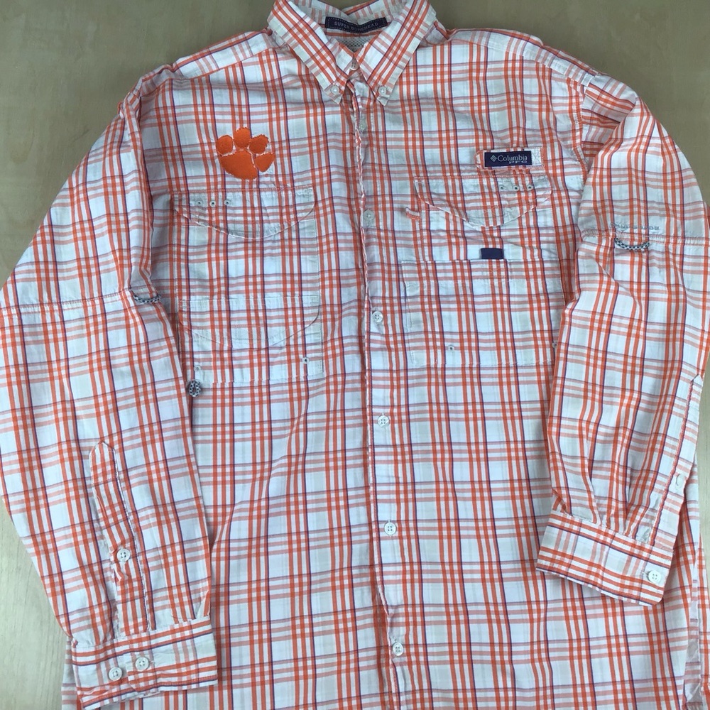 Clemson Tigers Columbia Super Bonehead Mens Medium Button Up Plaid Fishing Shirt